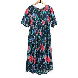Vintage Floral Maxi Dress By Phases Black Multicolor Cotton Small Made In Nepal